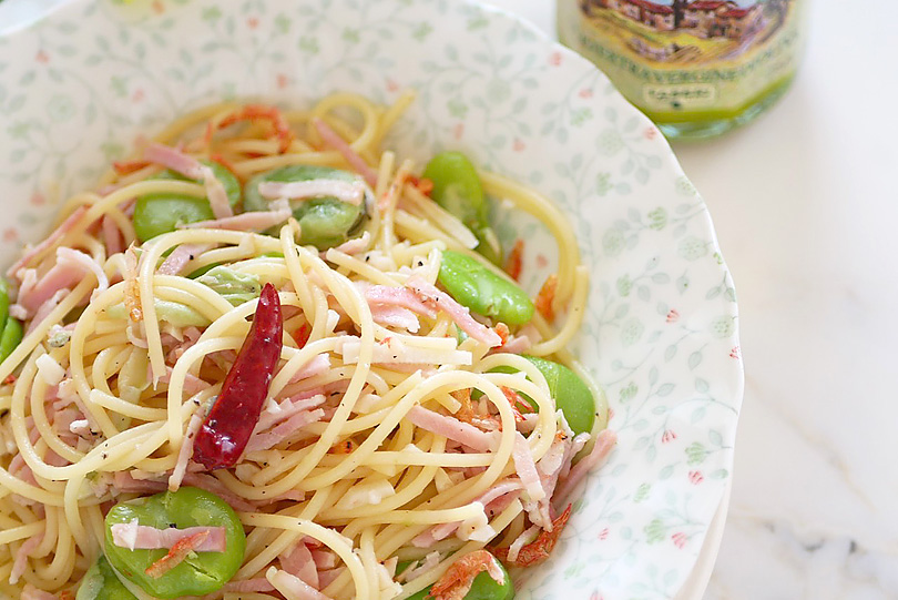 グルテンフリーのパスタを使ったそら豆とベーコンのペペロンチーノ オリーブノート公式 カラダに美味しい オイルのノート