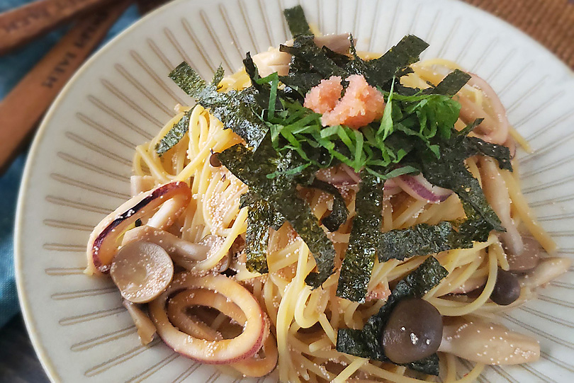 プロが教えるパスタレシピ】イカときのこのたらこ和え和風スパゲッティ オリーブノート公式 カラダに美味しい、オイルのノート パスタソース(たらこ・ツナしょうゆ)とミックスビーンズ 食品おまとめ