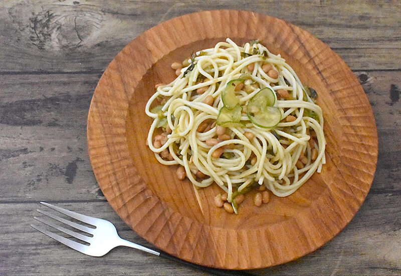 きゅうりと納豆と明太高菜チーズの冷製パスタ