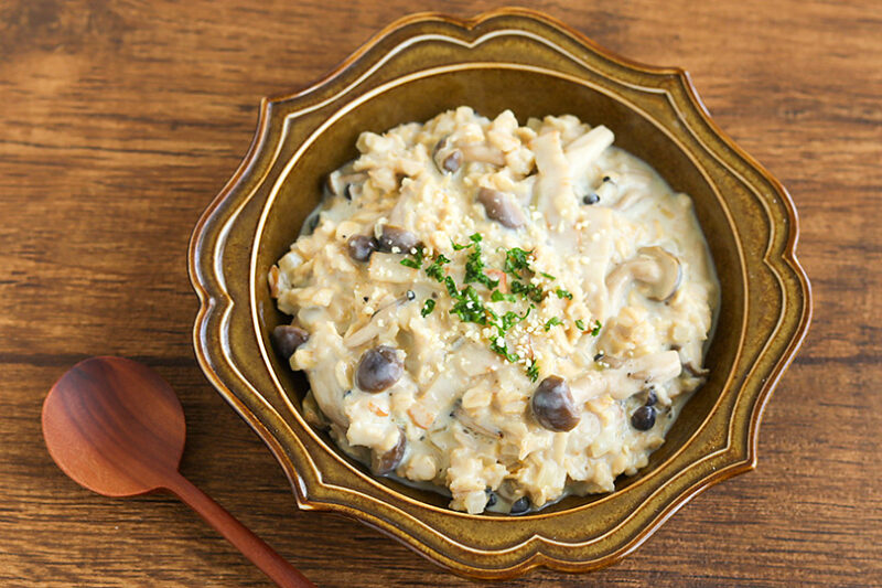 ベーコンとしめじのオートミール豆乳リゾット